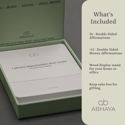 Abhaya Affirmations for the Whole Self, 26 Doubled-Sided Affirmation Cards, 12 Double Sided Bonus Financial Well-being Cards with Display Stand, Daily Affirmations for Inspiration, Mindfulness & Self Care, Unique Gifts for Women and Men
