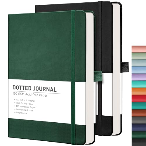 RETTACY Dotted Journal Notebook, 2-Pack, 160 Numbered Pages per Pack, A5 Medium Size (5.7'' x 8.3''), 120 GSM Thick Paper, Leather Hardcover, for Journaling, Planning, Tracking (Black & Dark Green) - color: Black & Dark Green, style: Dotted