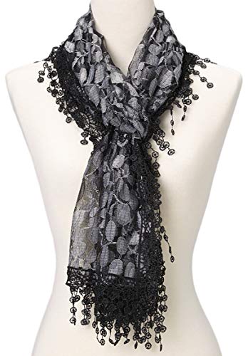 Cindy and Wendy Lightweight Soft Leaf Lace Fringes Scarf Bridal Veils shawl for Women - color: Black Grey