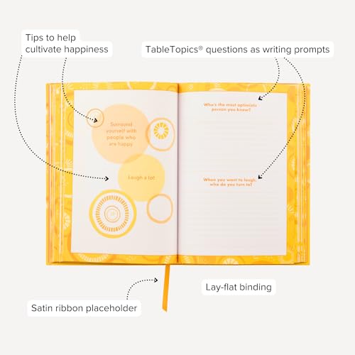 TableTopics Happiness Prompted Journal - Reflection Notebook with Questions, Quotes, Tips, & Guided Activities for Positive Thinking, Improved Mood, Wellness, Self-care Journal with Prompts for Women - style: Happiness