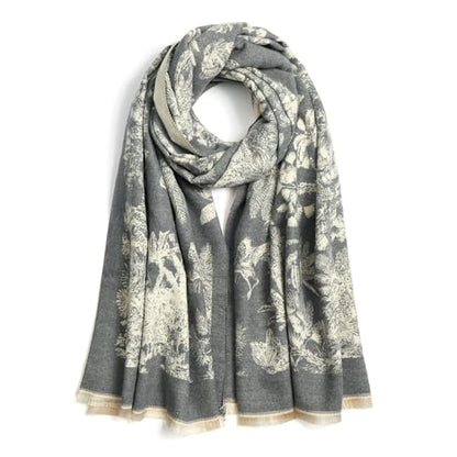QIUTIMIY Pashmina Shawl Wraps for Womens Winter Scarf Reversible Pattern Designer Ladies Shawls and Wraps for Evening Dresses - color: Flower1-grey