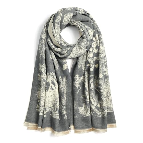 QIUTIMIY Pashmina Shawl Wraps for Womens Winter Scarf Reversible Pattern Designer Ladies Shawls and Wraps for Evening Dresses - color: Flower1-grey