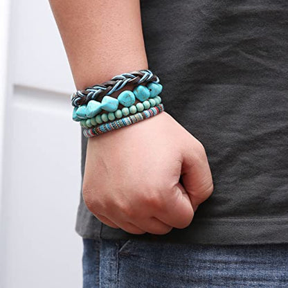 HZMAN Wrap Bracelets Men Women, Hemp Cords Wood Beads Ethnic Tribal Bracelets, Leather Wristbands - style: Turquoise
