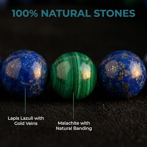 Lapis Lazuli Healing Bracelet – Real Crystal Beads for Stress Relief, Meditation & Chakra Balance – Natural Gemstone Jewelry Gift for Women & Men, Adjustable Stretch Fit - style: 6mm Lapis & Malachite （no gift box）