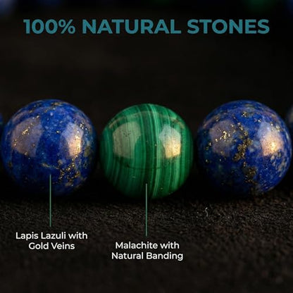 Lapis Lazuli Healing Bracelet – Real Crystal Beads for Stress Relief, Meditation & Chakra Balance – Natural Gemstone Jewelry Gift for Women & Men, Adjustable Stretch Fit - style: 6mm Lapis & Malachite （no gift box）
