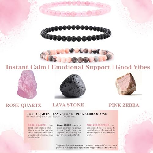 4mm 6mm 8mm Healing Crystal Bracelets for Women Men Natural Stone Beaded Stretch Bracelet Handmade Gemstone Reiki Spiritual Jewelry Gifts - color: Rose Quartz+Lava+Pink Zebra-Stress Relief, size: 4mm