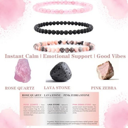 4mm 6mm 8mm Healing Crystal Bracelets for Women Men Natural Stone Beaded Stretch Bracelet Handmade Gemstone Reiki Spiritual Jewelry Gifts - color: Rose Quartz+Lava+Pink Zebra-Stress Relief, size: 4mm