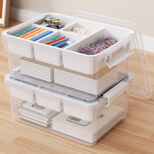 40Qt S Stackable Storage Bins with Lids & Trays, Clear Craft Organizers Latching Boxes with Dividers for Arts & Crafts Supply, Portable Plastic Containers for Home and Car Trunks, 2Pack - color: Clear White, size: 20QT-2Pack