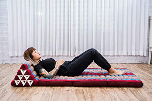 Leewadee 3-Fold Mat XXL with Triangle Cushion – Firm TV Pillow, Foldable Mattress with Cushion Made of Kapok, 67 x 31 inches, Blue Red - color: Sf27 - Blue, Red, size: 3 seating segments XL