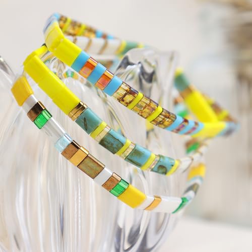 Tila Flat Beaded Stretch Bracelets for Women, Trendy Unique Handmade Stackable Green Blue Square Beads Miyuk Link Bracelet Summer Jewelry Gift - color: Yellow White