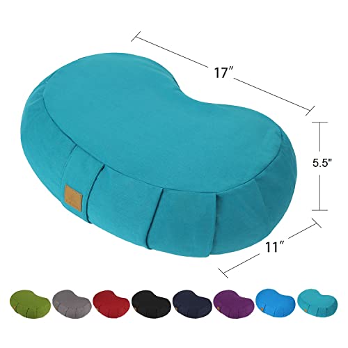 Crescent Zafu Meditation Pillow, D=17" W=11" H=5.5" Zabuton Yoga Bolster, Meditation Cushion, Floor Pouf Yoga Pillow Zippered Organic Cotton Cover Natural Buckwheat kneeling pillow - Large - color: Cyan Blue