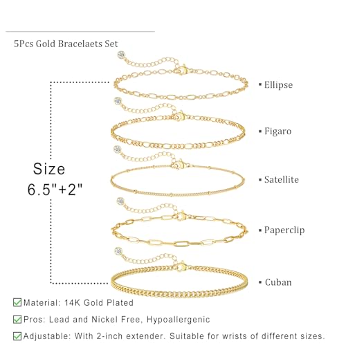 DEARMAY Gold Bracelets for Women Waterproof, 14K Gold Plated Stackable Jewelry Sets Non Tarnish Trendy Thin Dainty Cuban Link Paperclip Chain Bracelet Stack Fashion Accessories Gifts for Womens - style: 5Pcs BRACELET G