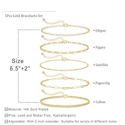 DEARMAY Gold Bracelets for Women Waterproof, 14K Gold Plated Stackable Jewelry Sets Non Tarnish Trendy Thin Dainty Cuban Link Paperclip Chain Bracelet Stack Fashion Accessories Gifts for Womens - style: 5Pcs BRACELET G