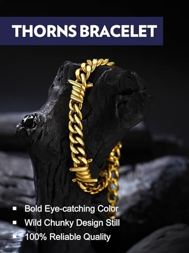 Bandmax Barbed Wire Chain Bracelets for Men Women Stainless Steel/Black/Gold Thorn Cuban Link Bracelet Adjustable Punk Emo Style Jewelry Gift - color: 03 9MM-Gold Plated