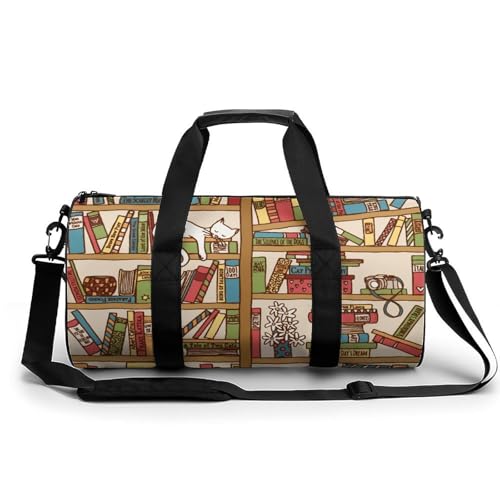 Sleeping Cat Library Bookshelf Cylindrical Portable Fitness Bag, Large Capacity Handbag - color: sleeping cat library bookshelf