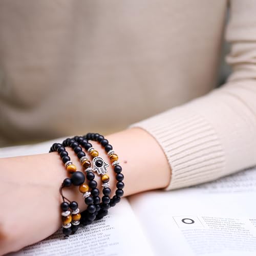COAI 108 Mala Beads Hamsa Hand Bracelet, Wrap Bracelet Beaded Necklace for Men Women - style: Matte Onyx