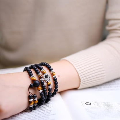 COAI 108 Mala Beads Hamsa Hand Bracelet, Wrap Bracelet Beaded Necklace for Men Women - style: Matte Onyx