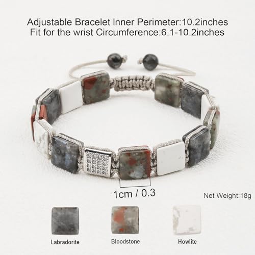 Square Natural Stone Unisex Adjustable Bracelet - Handmade with Natural Stons - Square Healing Crystal Bead Bracelet - color: Gray&White&Red