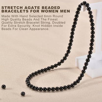 14in Agate Wrap Bracelet for Women Men Natural Round Beaded Agates Stone Healing Stretch Bracelets Elastic Handmade Polished Gemstone Beads Bracelet - color: Black Agate, size: 6mm Beads