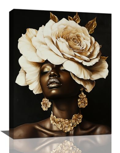 Olivine African American Woman Wall Art, Black Girl Pictures Wall Decor, Black And Gold Painting, Rose Canvas Prints, Framed Artwork for Girl's Room Bathroom Bedroom Living Room Office Home 16"x12" - color: African American, size: 16"L x 12"W