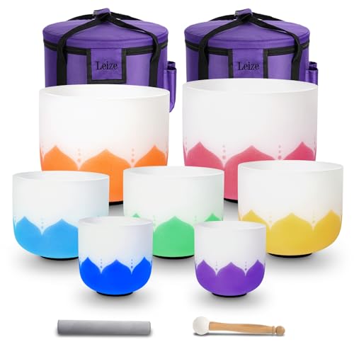 Leize 6-12 inch Lotus Design Chakra Tuned 432hz Set of 7 Quartz Crystal Singing Bowls with Heavy Duty Carrying Cases and Singing Bowl Mallet Suede Strikers - color: lotus design, size: Set of 7, 6-12", A-G Note, 432 hz