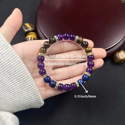 Amethyst Tiger's Eye Lapis Lazuli Crystal Bracelets for Women Men Natural Stone Handmade Gemstone Stretch Healing Yoga Beaded Bracelet Anxierty Protection Good Luck Spiritual Jewelry Gifts 8mm - color: AL-0123, size: Medium