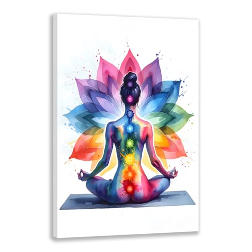 GELDSTEI Framed Zen Wall Art, Chakra Yoga Wall Decor, Colorful Meditation Poster Print, Spiritual Canvas Painting, Vibrant Meditating Woman Aesthetic Picture for Living Room Yoga Studio 16x24 Inch - color: Colorful, size: 24"L x 16"W
