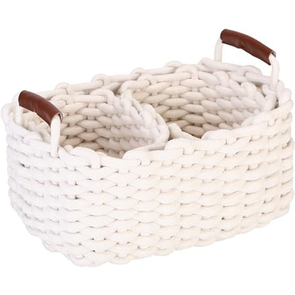 Sea Team 3-Pack Rectangle Woven Cotton Rope Storage Baskets with Handles, Shelf Basket, Closet Organizers, 3-in-1, White