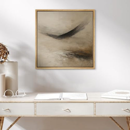 SIGNWIN Framed Canvas Print Wall Art Soft Beige and Black Abstract Flow Earthy Textured Motion Illustrations Fine Art Farmhouse/Country for Living Room, Bedroom, Office - 16"x16" Natural - color: Bs18-2507-edw24, size: 16L" x 16W"