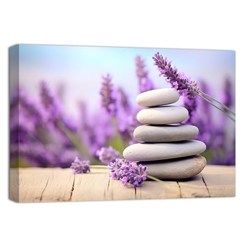 QIXIANG Zen Canvas Wall Art Zen Stones and Purple Lavender Picture Print Spa Bathroom Decor Artwork Yoga Room Meditation Room Decor Frame(Zen A,12.00" x 18.00") - color: Zen A, size: 18L" x 12W"
