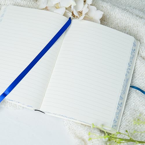 PU Leather Hardcover Notebook – Blue Botanical Floral Cover with Printed Edge Design, 380 Lined Pages, Tie Closure, 8.5" × 6" Writing Journal