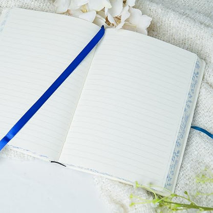 PU Leather Hardcover Notebook – Blue Botanical Floral Cover with Printed Edge Design, 380 Lined Pages, Tie Closure, 8.5" × 6" Writing Journal
