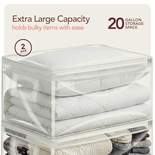 20 Gallon Jumbo Clear Storage Bags with Zipper, 2 Pack Extra Large Under Bed Storage Bags (15.75x26x11.9 in) Transparent Plastic Bags for Clothes, Blankets, Comforters, Quilts & Seasonal Storage