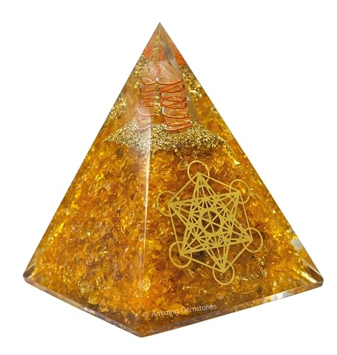 Amazing Gemstone Organite Orgone Pyramid Extra Large 105 MM - Orgone Energy Pyramid with Citrine Crystals and Healing Stone - Orgonite Pyramids Crystals and Positive Energy - color: Citrine