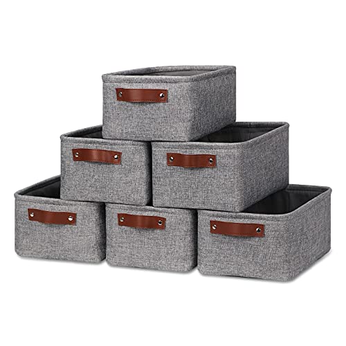 HNZIGE Foldable Fabric Storage Baskets (6pack), Empty Gift Baskets with Leather Handles, Decorative Organizers for Closet (Gray, 11.8" x 7.8" x 5.1") - color: grey, size: 11.8*7.8*5.1 in-6 Pack