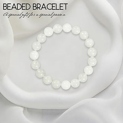 Natural Stretch Jade Bracelet for Women Men 10MM Bead 6.7 Inch to 7.5 inch Healing Crystal Energy Gemstone Bracelet for Women Men Gift - color: white