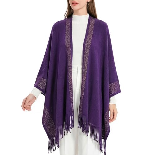 ZLYC Women's Shawl Golden Trim Knit Blanket Wrap Fringe Poncho Coat Cardigan - color: Purple