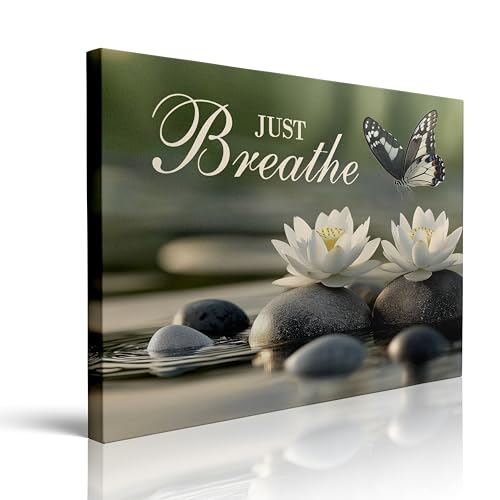 Just Breathe Zen Aesthetic Lotus Flower Wall Decor Framed Butterfly Spiritual Calming Meditation Canvas Wall Art Spa Yoga Peaceful Prints Mandala Floral Poster Buddhist Relaxing Painting (12"x16") - color: Lotus (Wrapped Canvas), size: 16"L x 12"W