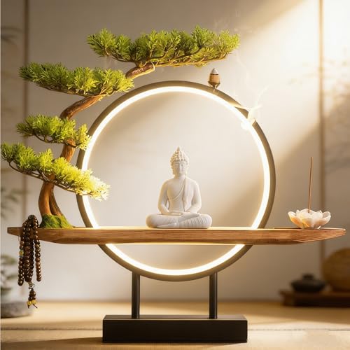 Wooden Buddha Altar Table with Green Artificial Tree and LED Circle Table Lamp, Small Buddha Statue Basem with Spacious Wooden Tray, Tabletop Desktop Zen Decor