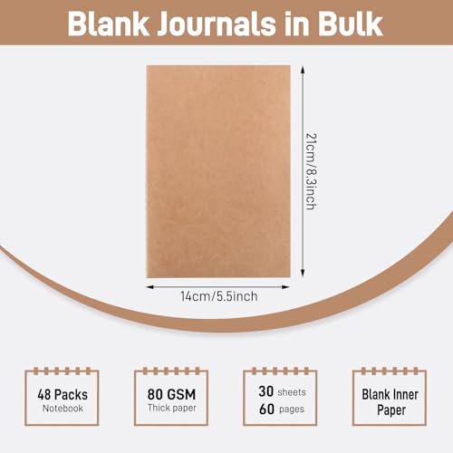 EOOUT 48pcs Blank Kraft Notebooks, Bulk Journals for Kids, 60 Pages/80GSM, 8.3 X 5.5 Inch, Travel Journal Set, for Travelers, Students and Office Supplies - style: Blank-48pack