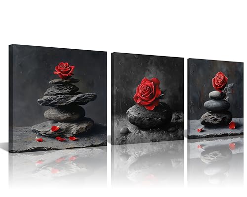 NAN Wind 3 Piece Black and White Red Rose Flowers Wall Art Zen Pebble Stone Giclee Print Framed Artwork Zen Canvas Prints Calm Peaceful Still Life Floral Picture Modern Meditation Spa Room Wall Decor - color: Red Rose, size: 12X12inchX3