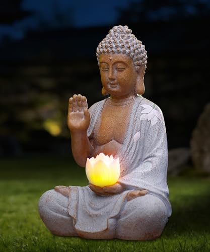 Solar Buddha Garden Statues with Lotus Flower: Resin Zen Decor Waterproof Sculpture Outdoor Light Design for Outside Patio Lawn Yard Balcony - 10.6 inches(White) - color: 27cm White