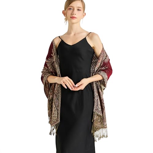 Silky Paisley Pashmina Shawl Scarf-Women's Soft Double-side Jacquard Pashminas Wrap for Evening Dress Travel Shawl - color: C-burgundy Balsam