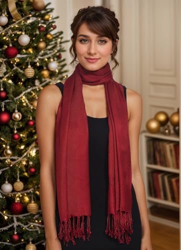 Achillea Lightweight Pashmina Scarf for Women – Soft Silky Shawl Wrap for Evening Dresses, Bridesmaids & Everyday Wear - color: Burgundy