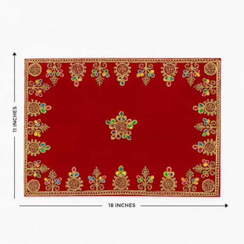 Handcrafted Velvet Puja Chowki Aasan Cloth with Rich Golden Zari Embroidery, Traditional Indian Decorative Pooja Altar Cover for Home Mandir, Temple Décor - 11x18 Inch (Red)