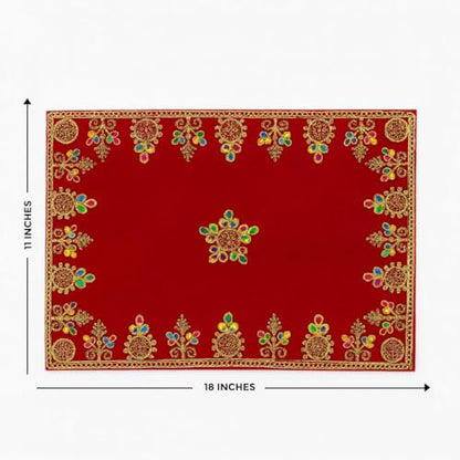 Handcrafted Velvet Puja Chowki Aasan Cloth with Rich Golden Zari Embroidery, Traditional Indian Decorative Pooja Altar Cover for Home Mandir, Temple Décor - 11x18 Inch (Red)