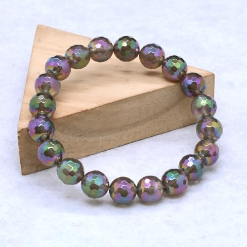 Justinstones Gemstone Crystals Chakra Beads Bracelet Crystal Healing 10mm Round Stretchable Bracelet for Her Gift - color: Faceted Electroplated Grey Agate（AB color）