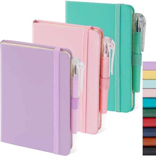 3 Pack Small Notebook Pocket Journals for Women, 3.7" x 5.7" A6 Mini Pocket Size Journal Notebook with Pen, Cute Notebook Pocket Diary for Writing Work, Hardcover Leather Cover, Pink, Purple, Green - color: Pink-purple-green, size: A6
