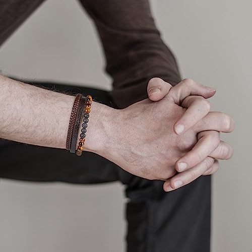 FOCOOG Leather Bead Bracelets for Men, Natural Tiger Eye Lava Rock Stone Bead Magnetic Clasp Adjustable Leather Bracelets Stress Relief Mens Anxiety Bracelet Mens Jewelry Gifts - style: Brown Leather-Tiger Eye Bead
