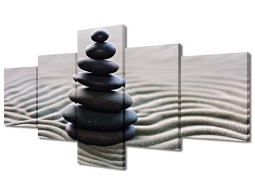 TUMOVO Zen Stone Paintings Pictures 5 Panels Canvas Wall Art for Living Room Stacked Zen Stones Sand Artwork Contemporary Home Decor Giclee Framed Ready to Hang Posters and Prints, 50" Wx24 H - color: Artwork-05, size: 50"Wx24"H